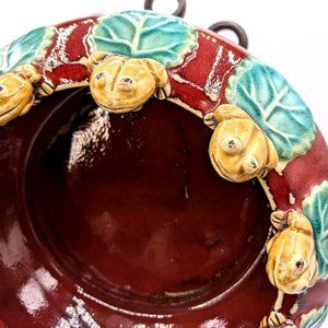 Vintage MAJOLICA Red Lily Pond 10 FROG Bowl Ceramic Art MCM Pottery HTF